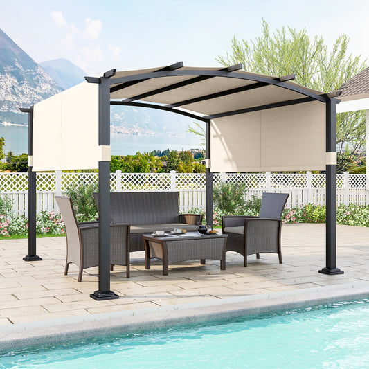 10 x 10 ft Outdoor Pergola, Modern Arched Patio Shelter, Retractable Sunshade Canopy, Beige Gazebos Beige at Gallery Canada