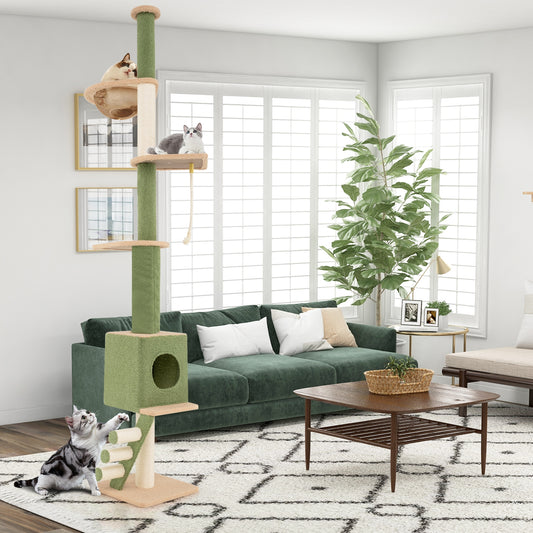 Floor To Ceiling Cat Tree, 86-99.5 Inch Adjustable Height, Green Cat Trees Condos & Scratchers Green at Gallery Canada