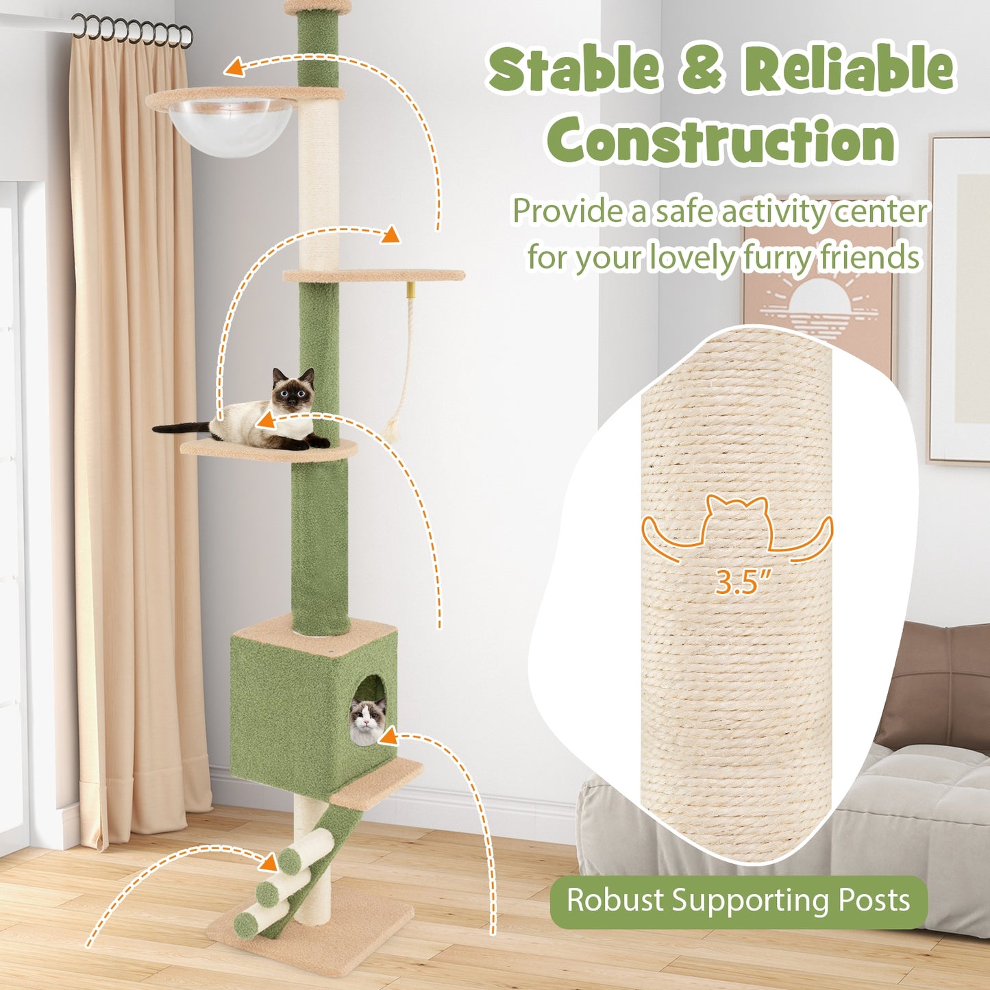 Floor To Ceiling Cat Tree, 86-99.5 Inch Adjustable Height, Green