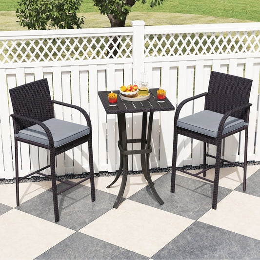 3-Piece Patio Wicker Rattan Bar Height Chairs, Square Table Set, Black