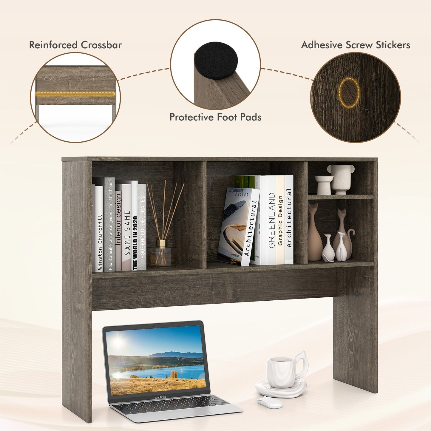 Computer Desktop Bookcase, 4 Cubbies, Open Back Compartment, Gray Bookcases at Gallery Canada