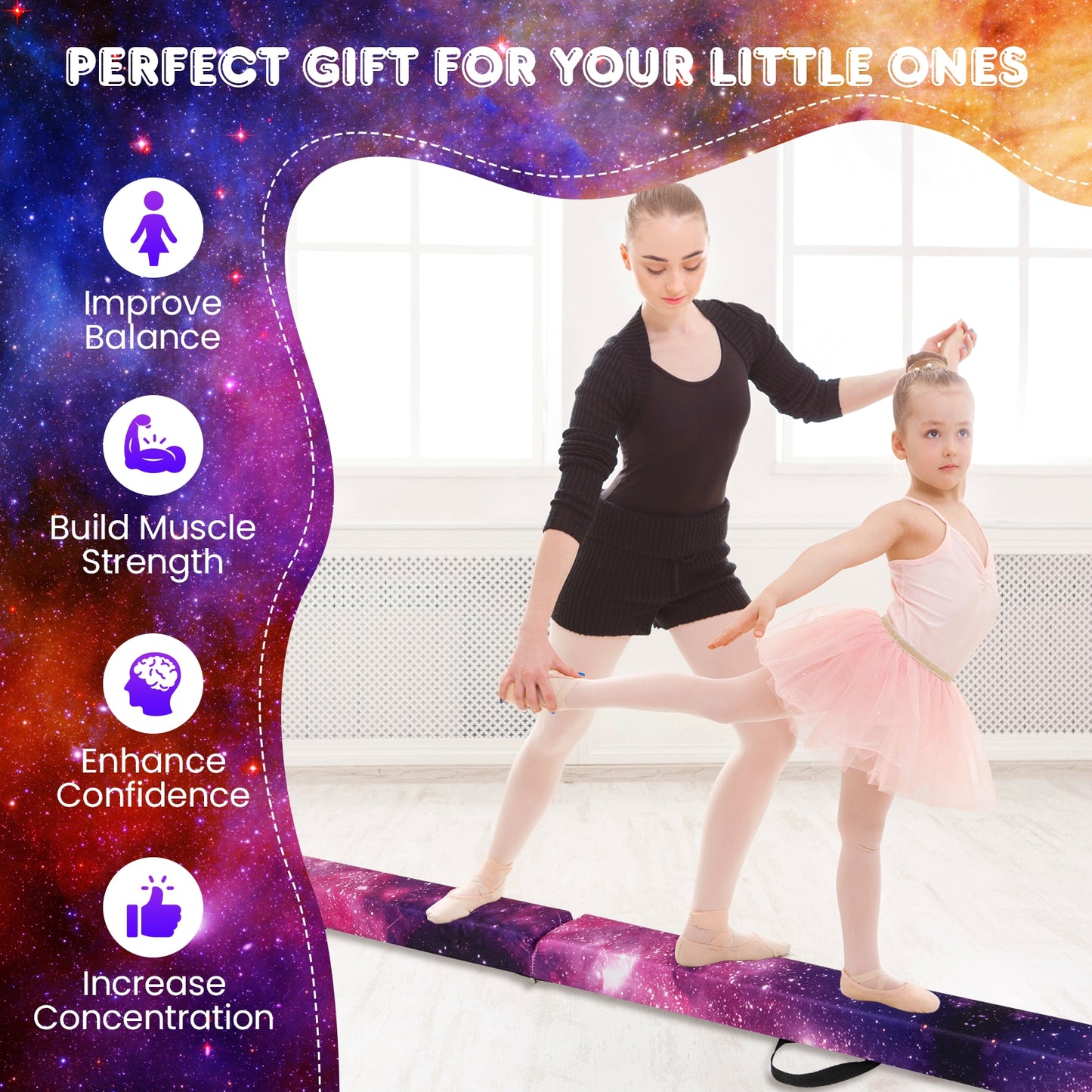 Poutre d'équilibre pliable, Base en bois massif, Fond antidérapant, Rose