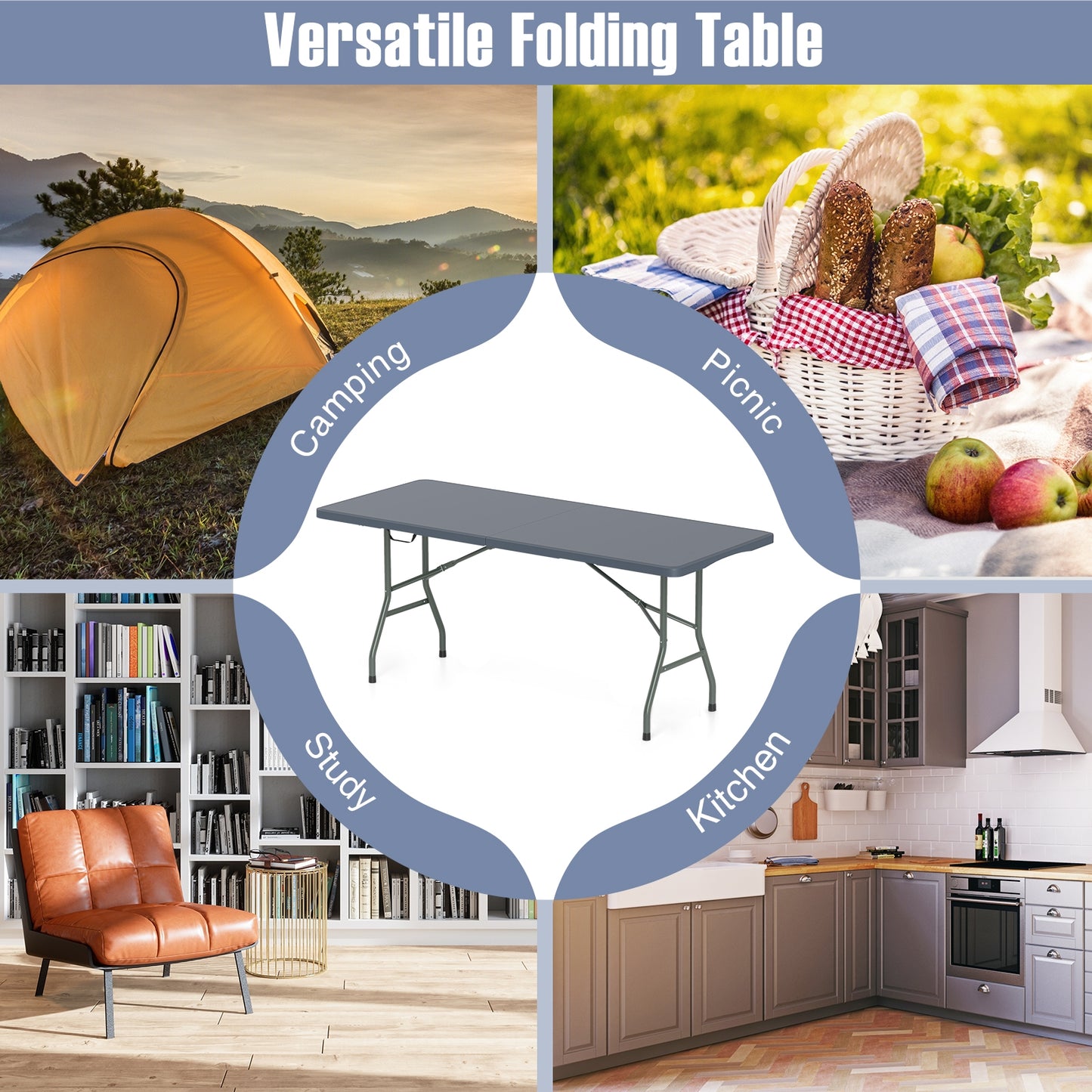 6 ft Portable Folding Table, 350 LBS, Gray Camping Furniture at Gallery Canada