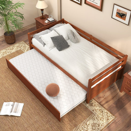 Twin Size Trundle Platform Bed Frame, Wooden Slat Support, Walnut Trundle Bed Frame Walnut at Gallery Canada