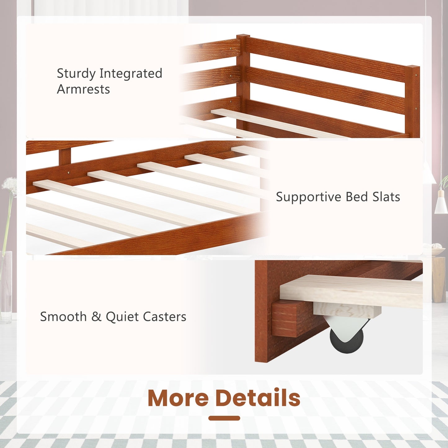 Twin Size Trundle Platform Bed Frame, Wooden Slat Support, Walnut Trundle Bed Frame at Gallery Canada
