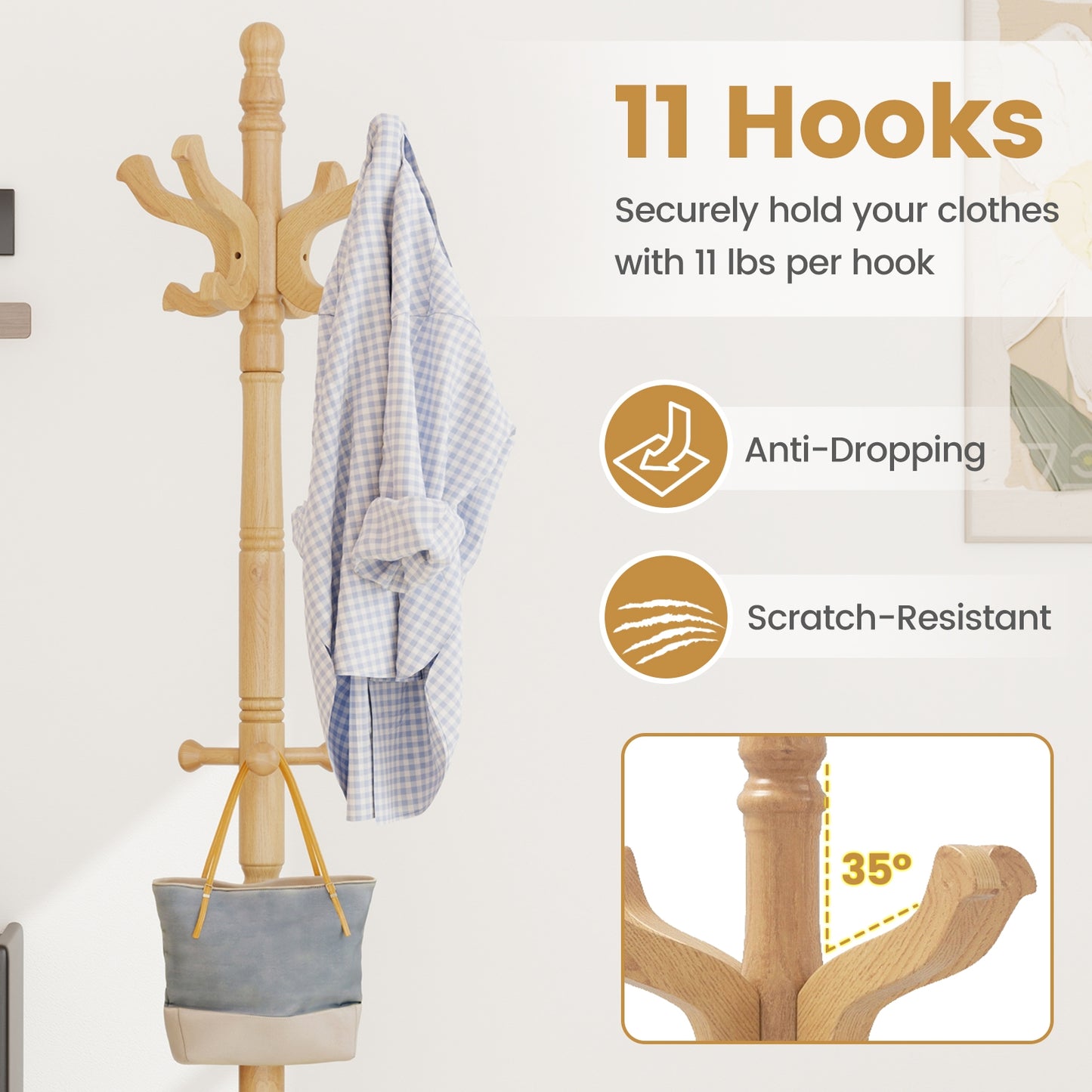Solid Wood Hall Tree with 11 Hooks and 3 Height Options for Entryway, Natural Coat Racks & Hall Trees at Gallery Canada