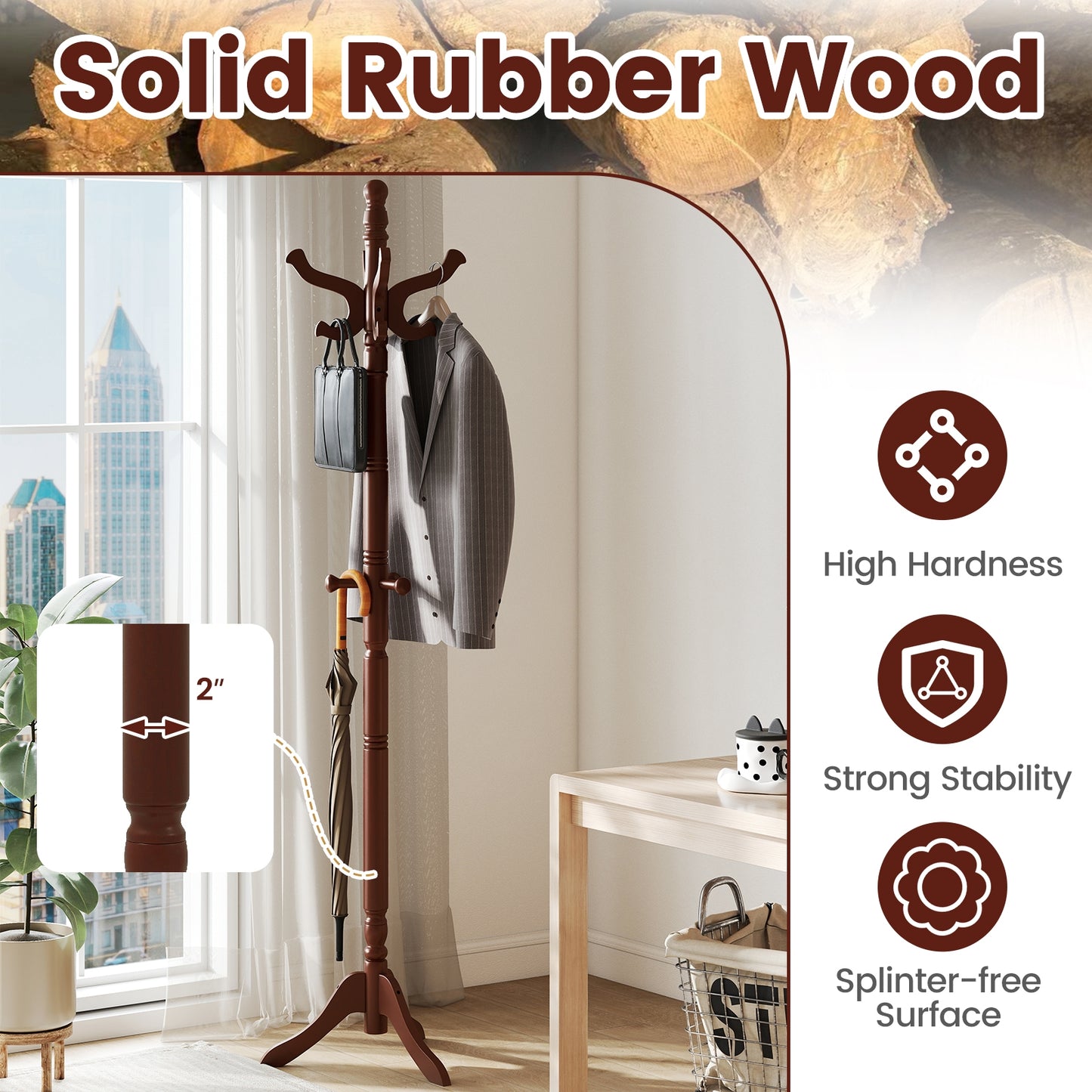Solid Wood Hall Tree with 11 Hooks and 3 Height Options for Entryway, Brown Coat Racks & Hall Trees at Gallery Canada
