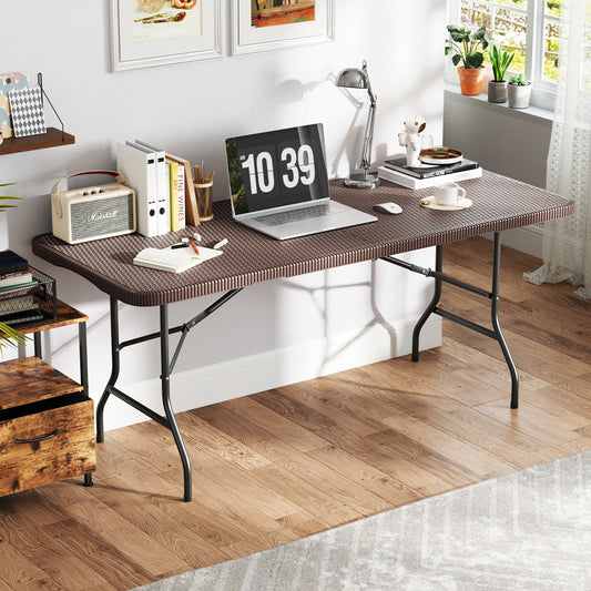 6 ft Portable Folding Table with Rattan-Like HDPE Tabletop and Safe Lock Mechanism, Brown Patio Dining Tables Brown at Gallery Canada