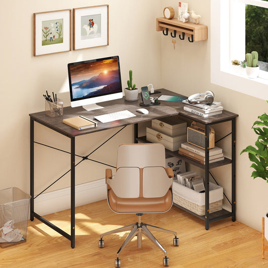 47 Inch L-Shaped Reversible Corner Desk, Adjustable Storage Shelves, Gray L-Shaped Desks Gray at Gallery Canada