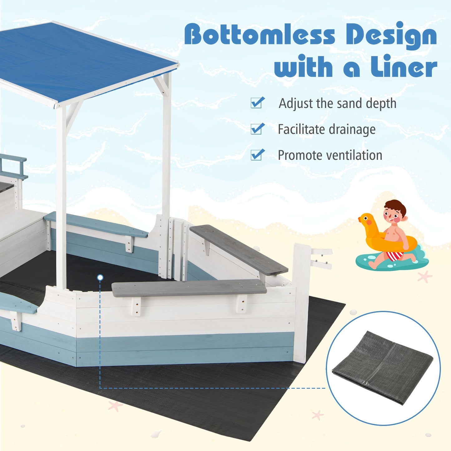 Pirate Ship Sandbox with Canopy with Bench Seats and Bottom Liner, White Sandboxes at Gallery Canada