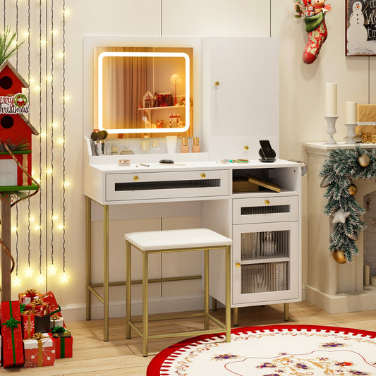 Modern Makeup Vanity Desk With Mirror, Lights, Stool Set, White Makeup Vanities White at Gallery Canada