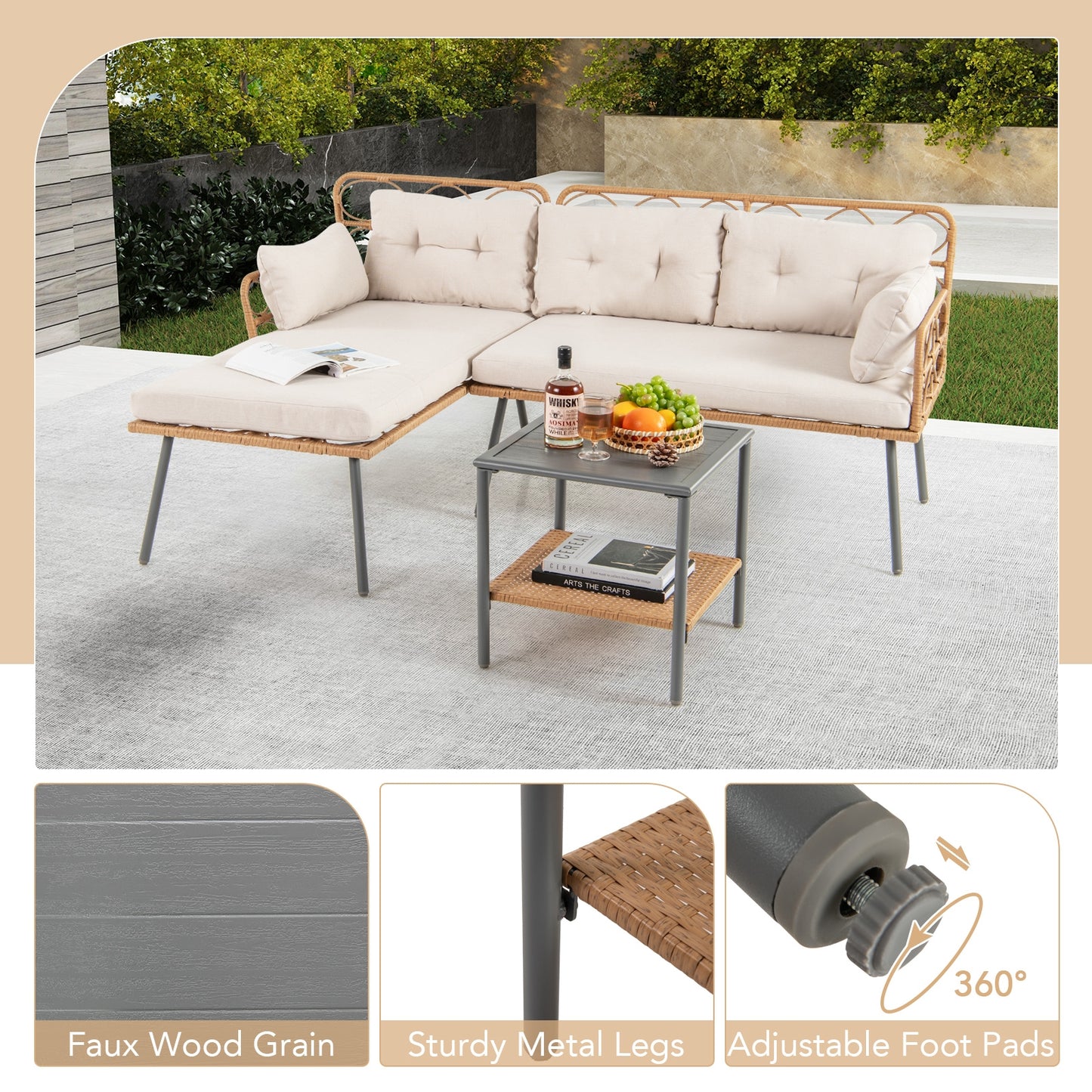 3 Piece Corner Patio Furniture, Small Coffee Table, Beige Patio Conversation Sets at Gallery Canada