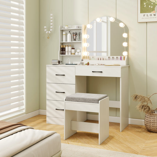 Makeup Vanity Desk Dressing Table and Stool Set with Mirror and Lights, White Makeup Vanities White at Gallery Canada