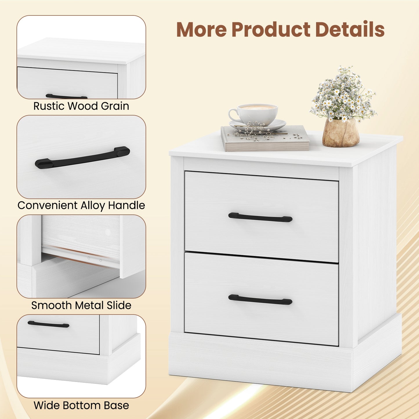 Wood Compact Floor Nightstand With Storage Drawers, White Nightstands at Gallery Canada