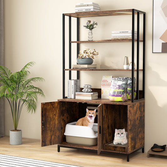 Cat Litter Box Enclosure with Storage and 3-tier Shelves, Rustic Brown Cat Houses Rustic Brown at Gallery Canada