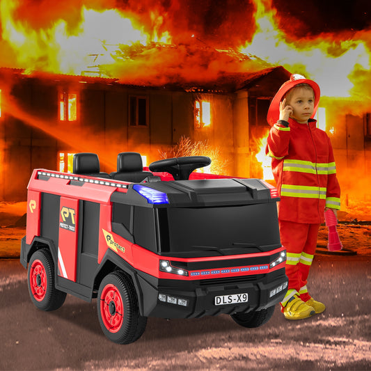 12V Kids Ride on Fire Truck 2-Seater with Remote Control and Water Gun, Red Powered Ride On Toys Red at Gallery Canada