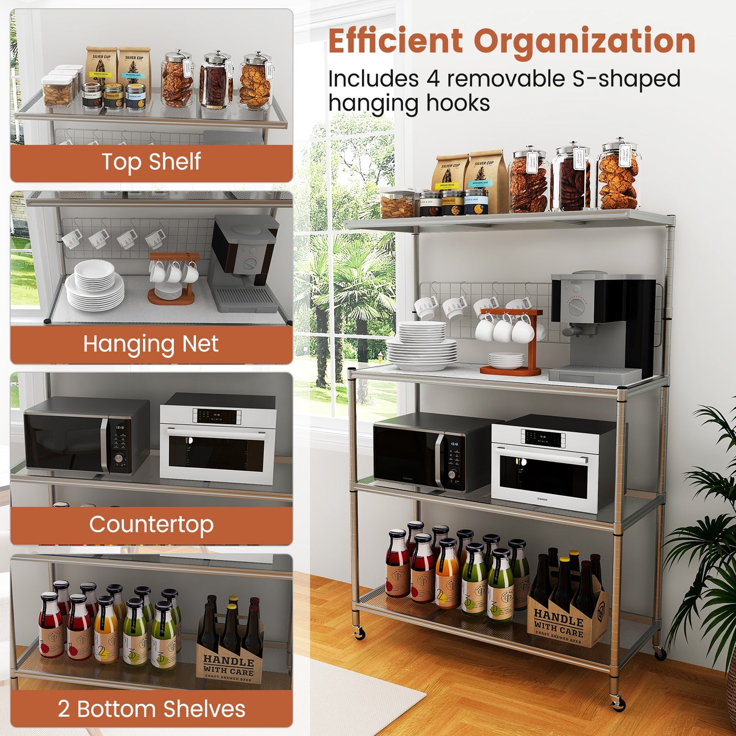 4-Tier Bakers Rack On Wheels, Adjustable Shelves, Silver Baker's Racks at Gallery Canada