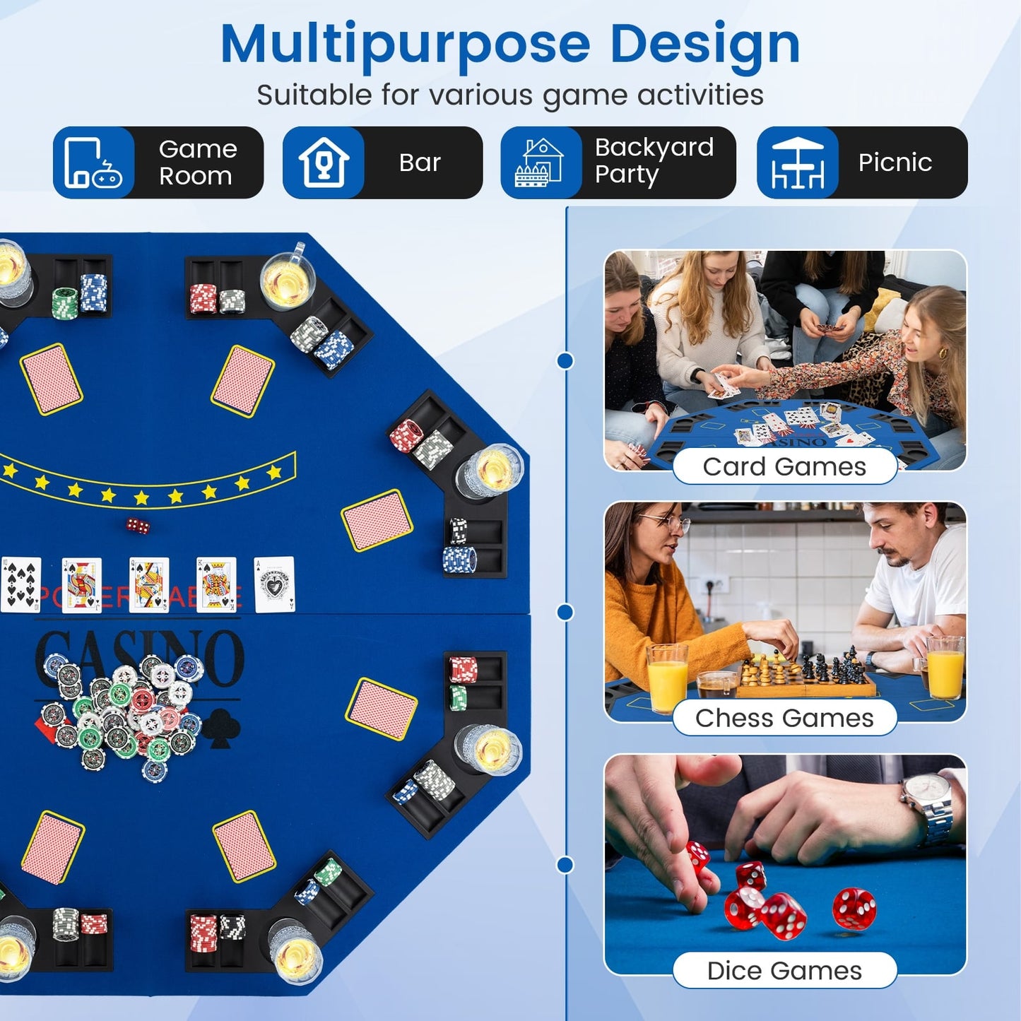 8-Player Foldable Poker Table Top With Carrying Bag, Blue Game Room at Gallery Canada