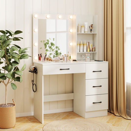 Vanity Desk with 3-Color Lights and Power Outlets, White Dressers & Chests White at Gallery Canada