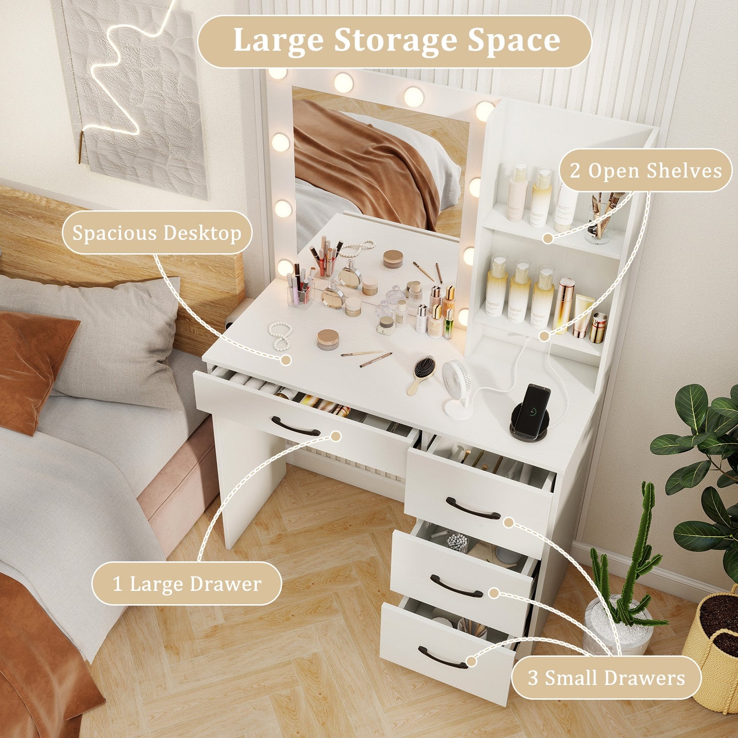 Vanity Desk With 3-Color Lights, Power Outlets, White Dressers & Chests at Gallery Canada