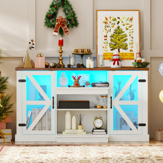 59 Inch Media Console Table, 3 Level Shelves, 22 Dynamic Modes, White