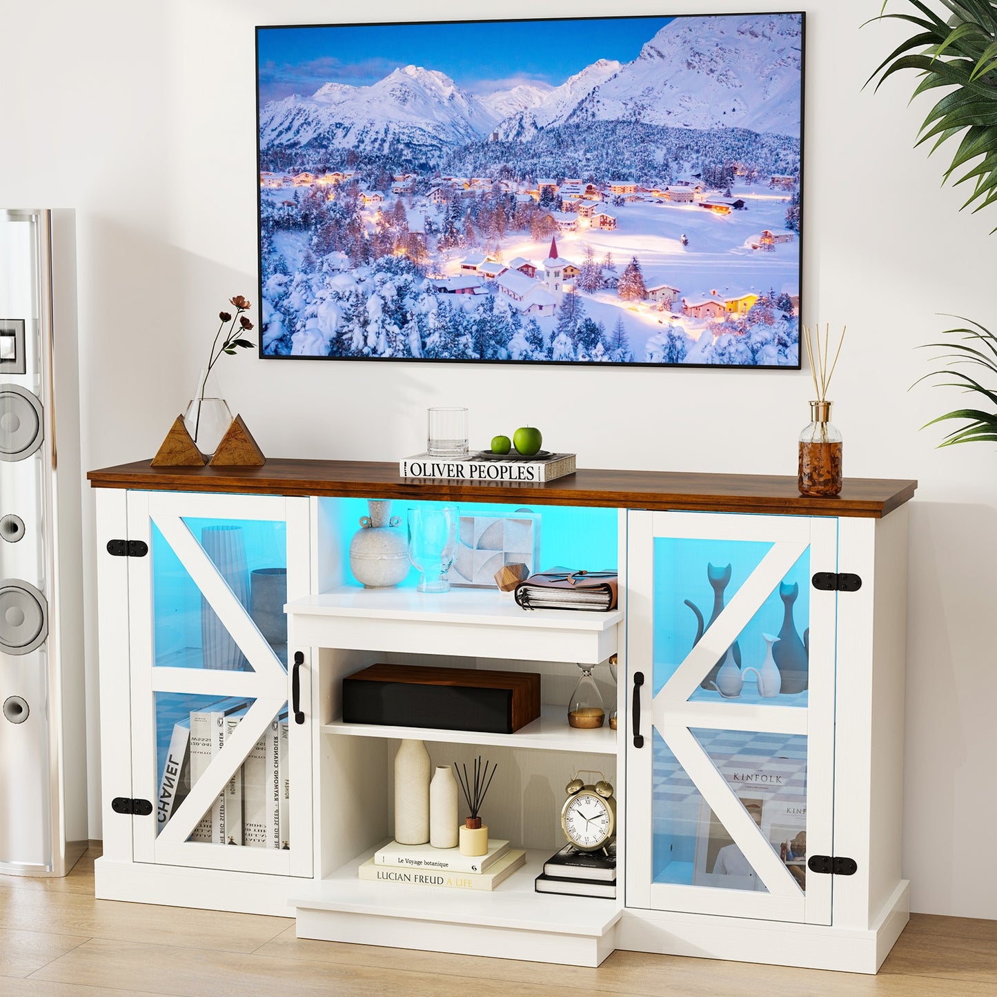 59 Inch Media Console Table, 3 Level Shelves, 22 Dynamic Modes, White Entertainment Centers & TV Stands at Gallery Canada