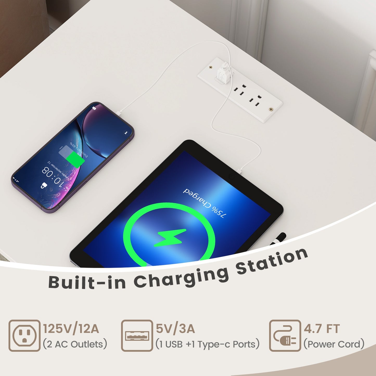 Record Player Stand with Record Storage Shelf and Charging Station, White End & Side Tables at Gallery Canada