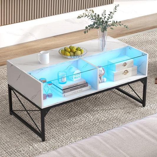 Center Table, Faux Marble Tempered Glass Top, White