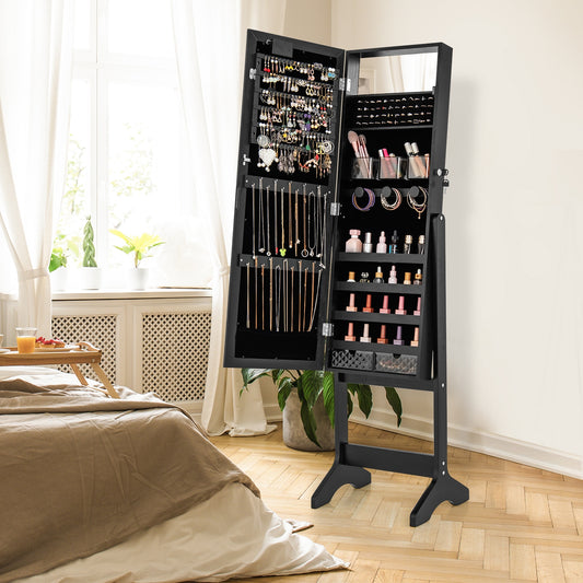 Mirror Jewelry Cabinet with 20 Warm Lights and 4 Tilt Angles, Black Floor Mirrors Black at Gallery Canada