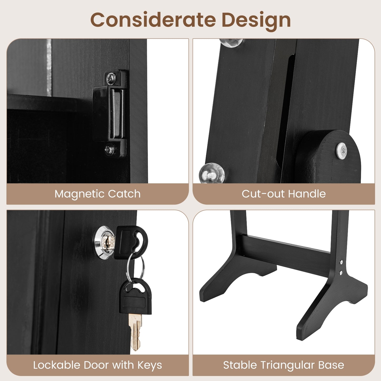 Mirror Jewelry Cabinet with 20 Warm Lights and 4 Tilt Angles, Black Floor Mirrors at Gallery Canada