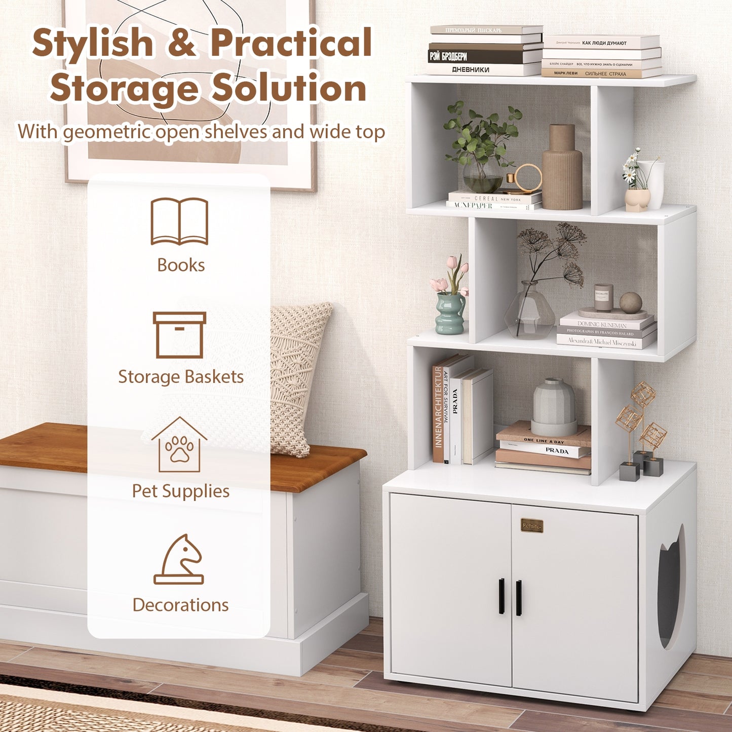 56 Inch Cat Litter Box Enclosure With Storage, White Cat Houses at Gallery Canada
