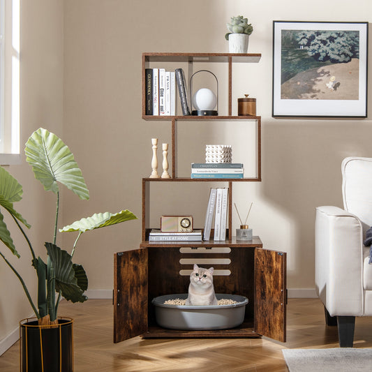 56 Inch Cat Litter Box Enclosure With Storage, Rustic Brown Cat Houses Rustic Brown at Gallery Canada