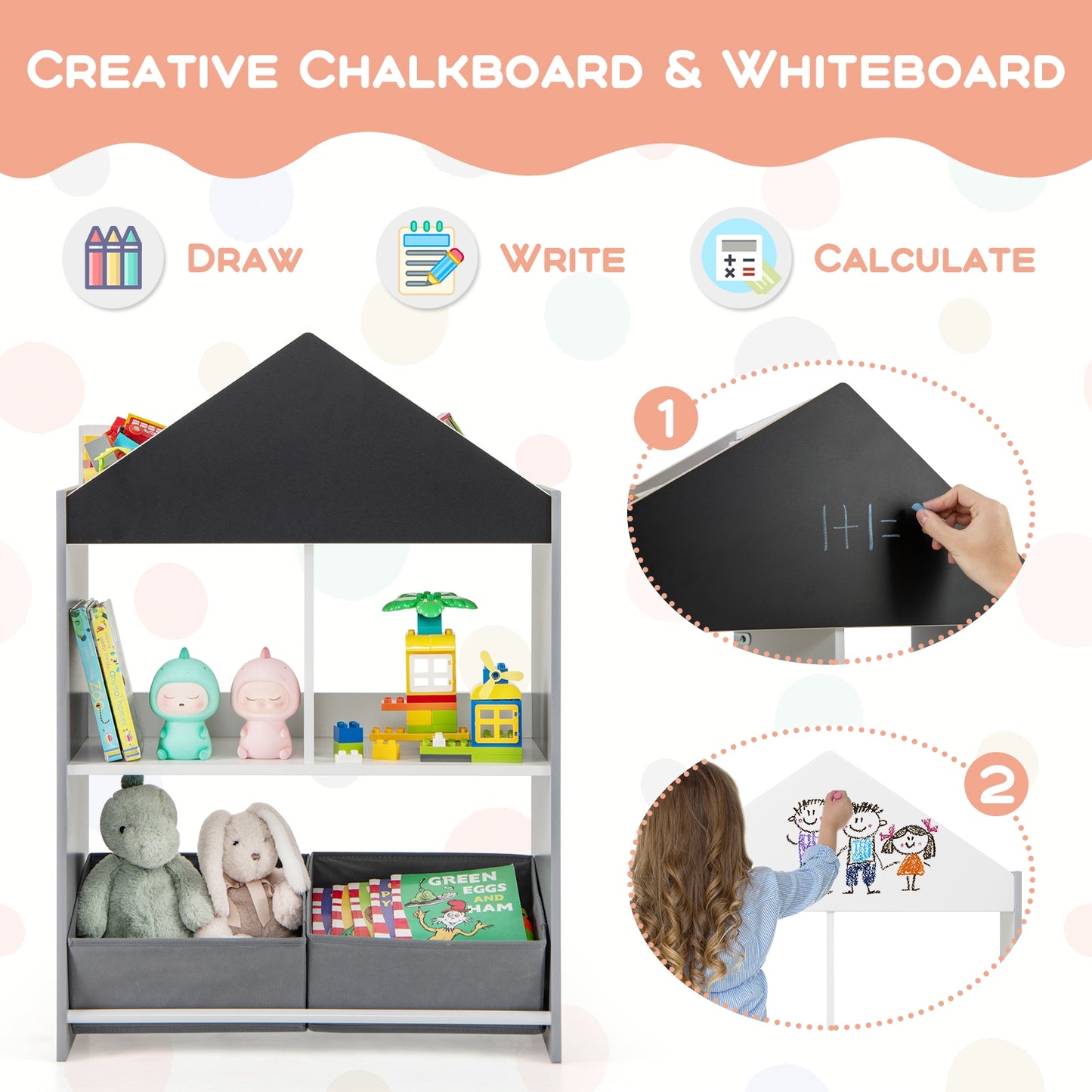 Kids Playhouse Bookshelf With Chalkboard, Whiteboard, Gray Kids Storage at Gallery Canada