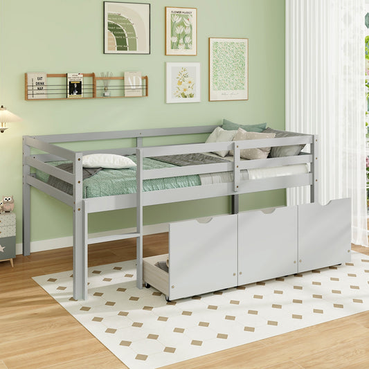 Twin Size Low Loft Bed With 3 Drawers, Ladder, Full Guardrails, Gray Trundle Bed Frame Gray at Gallery Canada