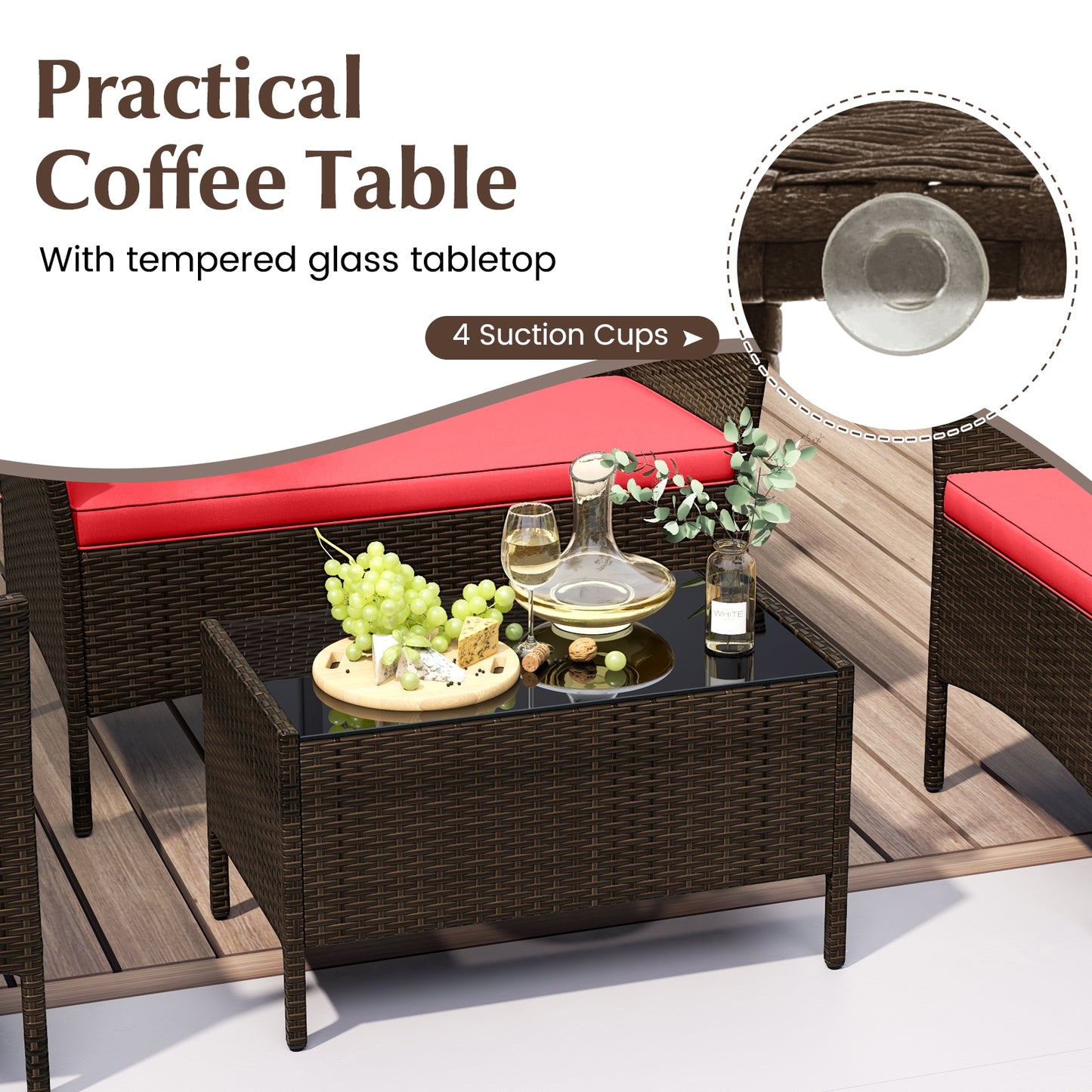 4 Piece Patio Rattan Conversation Set with Cozy Seat Cushions, Red Patio Conversation Sets at Gallery Canada