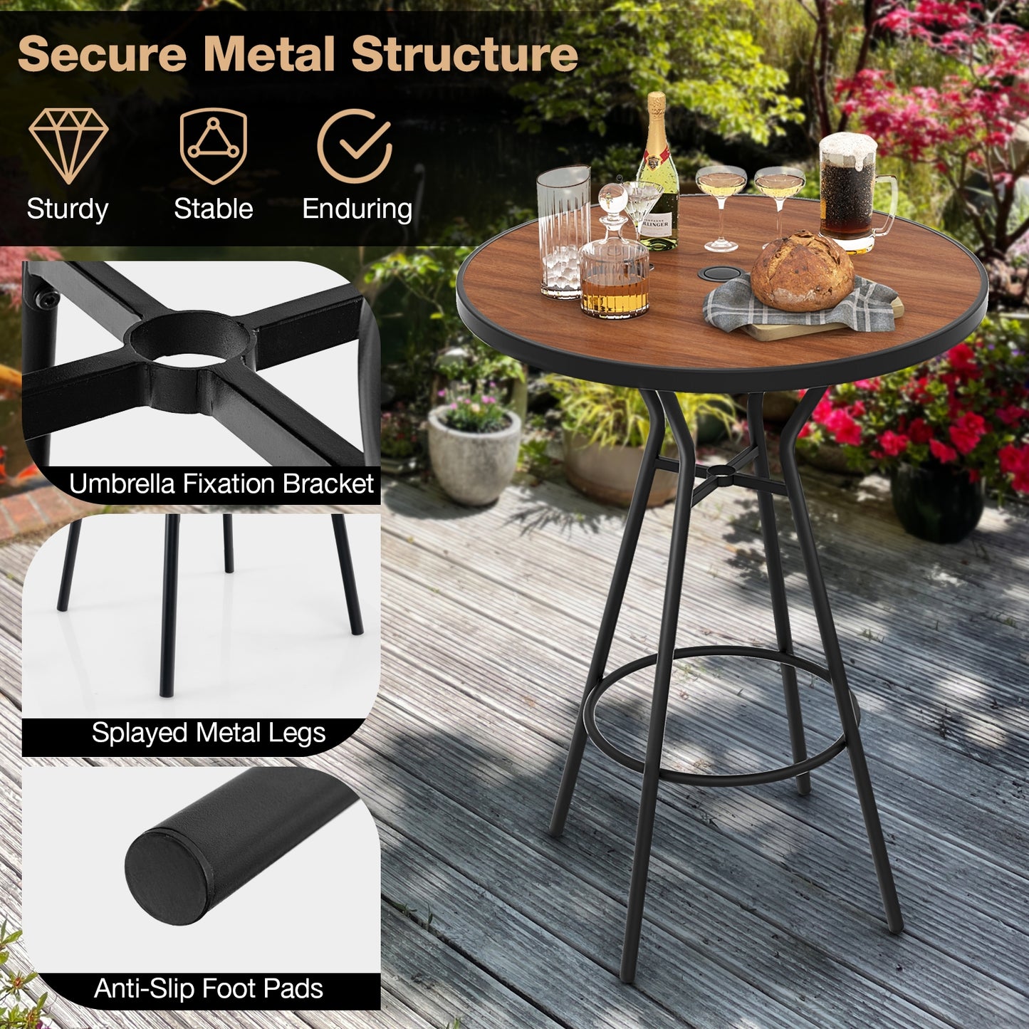 Ensemble de table ronde pour bar extérieur 3 pièces, trou pour parapluie de 1,6 pouces