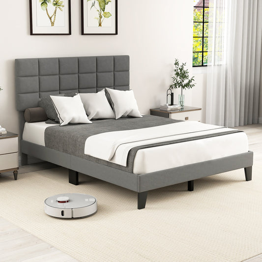 Queen Size Modern Linen Bed Frame with Adjustable Headboard, Gray Simple Bed Frame Gray at Gallery Canada