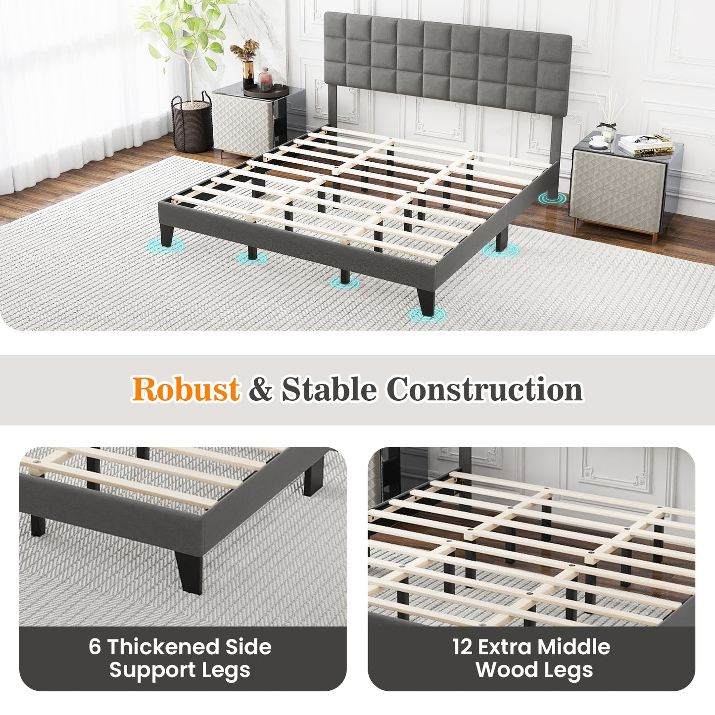 Cadre de lit King Size avec tête de lit réglable, Gris