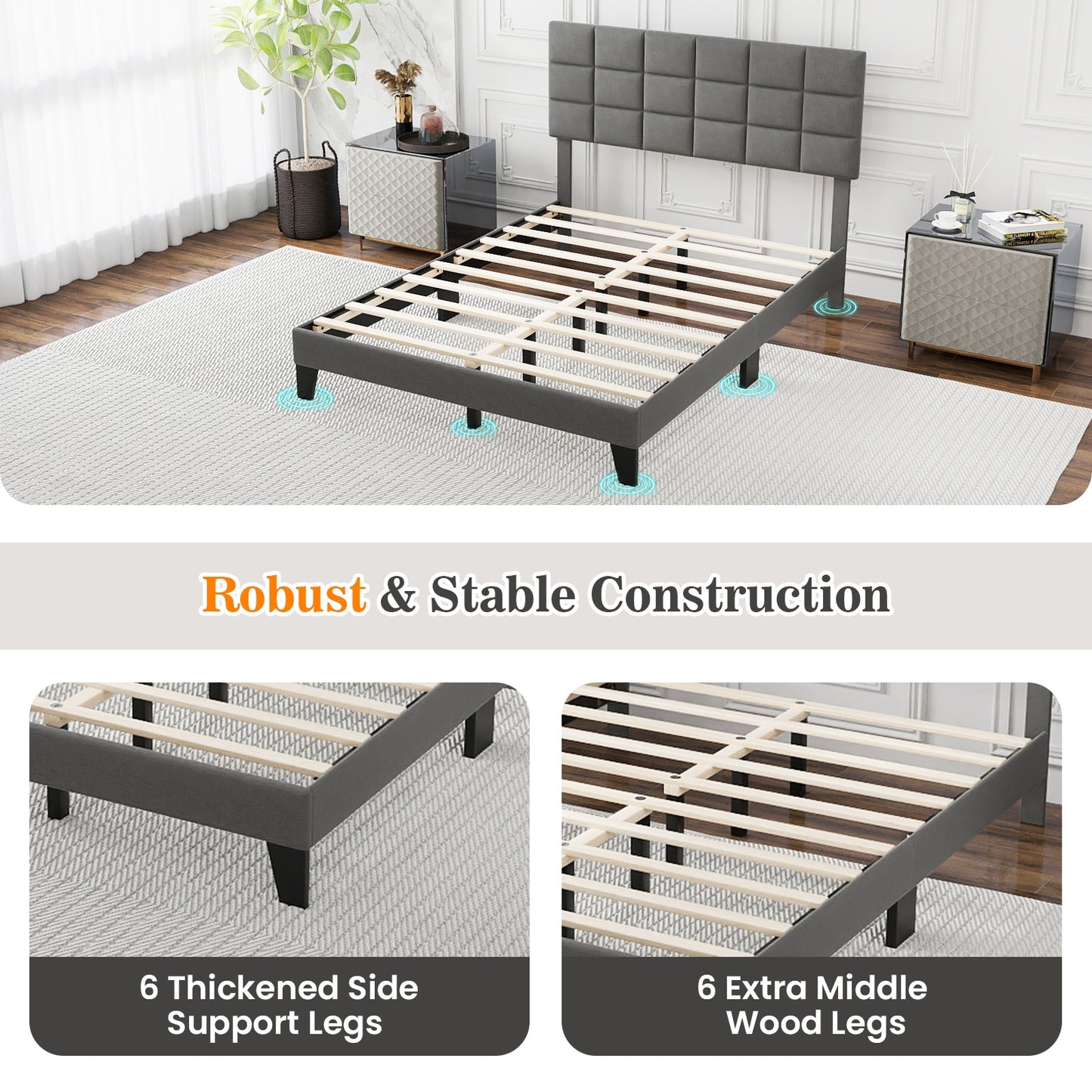 Full Size Modern Linen Bed Frame, Adjustable Headboard, Gray Simple Bed Frame at Gallery Canada