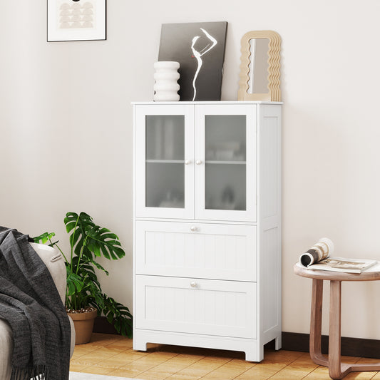 Bathroom Floor Storage Cabinet, 2 Drawers 2 Frosted Glass Doors, White Floor Cabinets White at Gallery Canada
