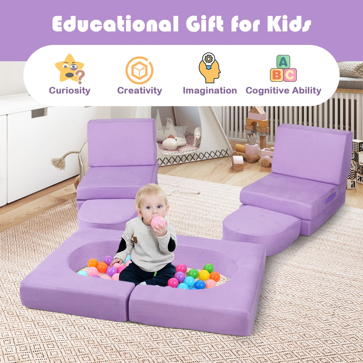 Modular Kids Play Couch, 8-Piece, Comfy Suede Fabric, Purple