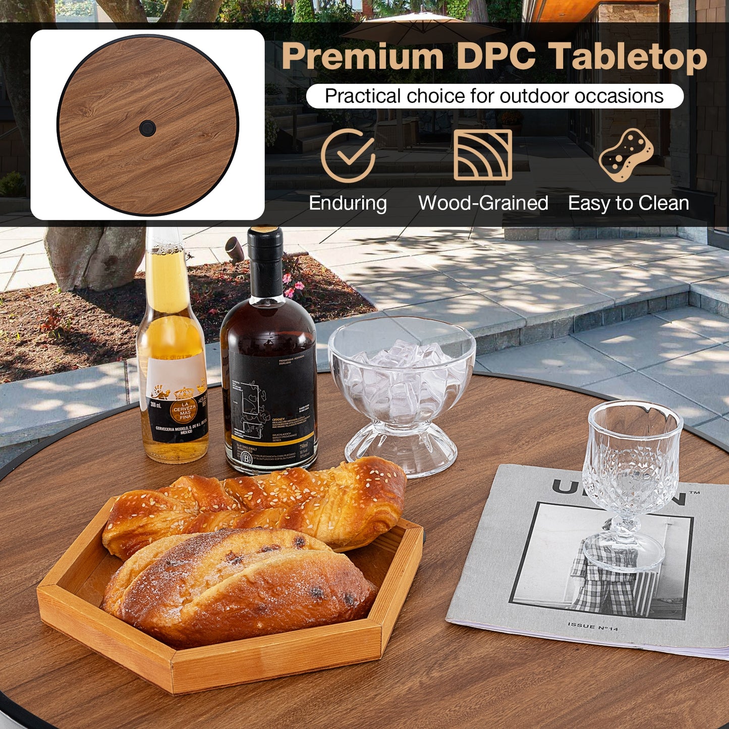 Ensemble de table ronde de bar extérieur 5 pièces, trou de parapluie de 1,6 pouces