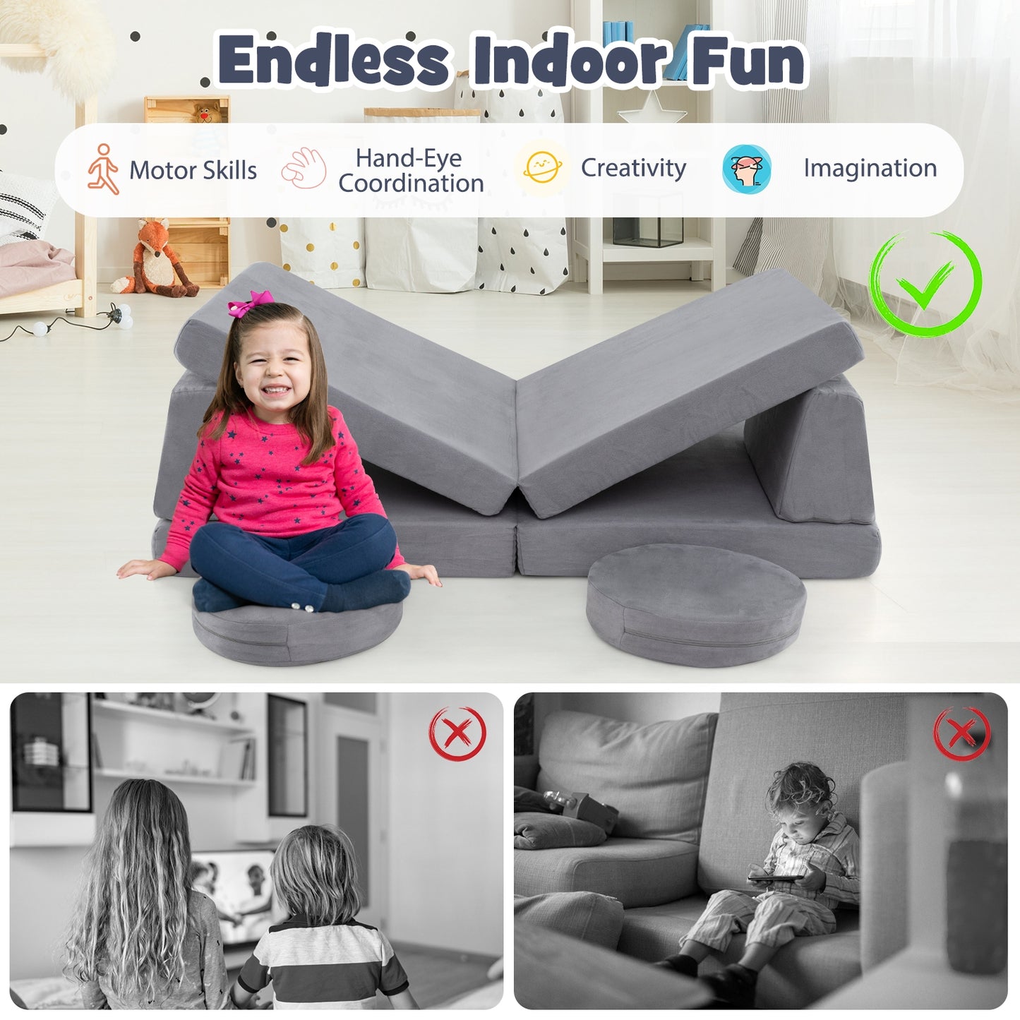 6 Piece Modular Kids Play Couch Set, Washable Covers, Gray Kids Chairs & Seating at Gallery Canada