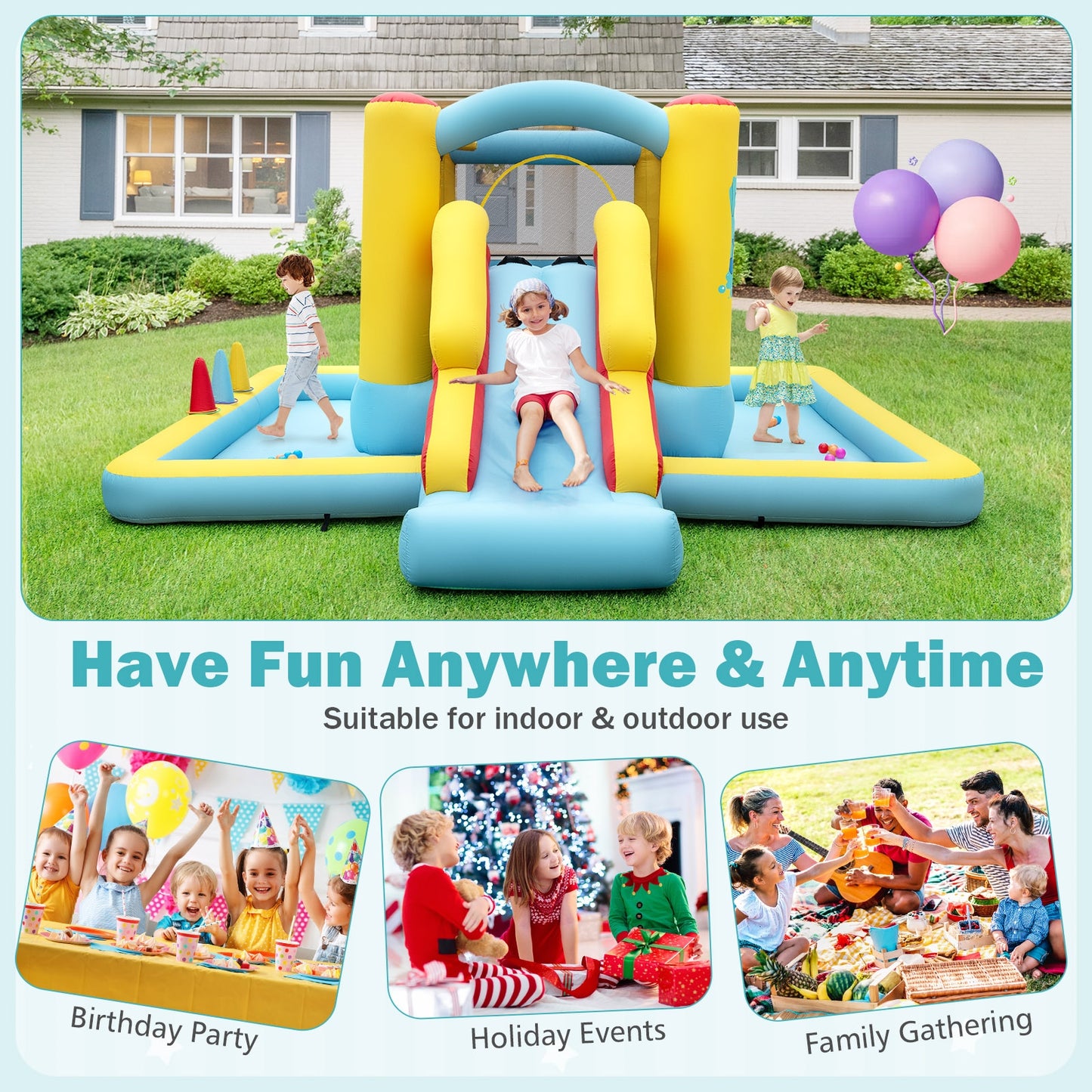 Inflatable Bounce House 7-in-1 Bouncy Castle with Slide and Tunnel without Blower, Multicolor Bounce House at Gallery Canada