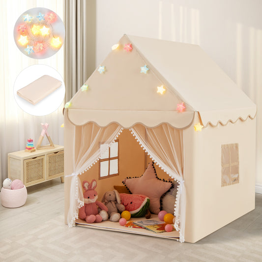 Kids Playhouse Tent With Star Lights, Mat, Beige