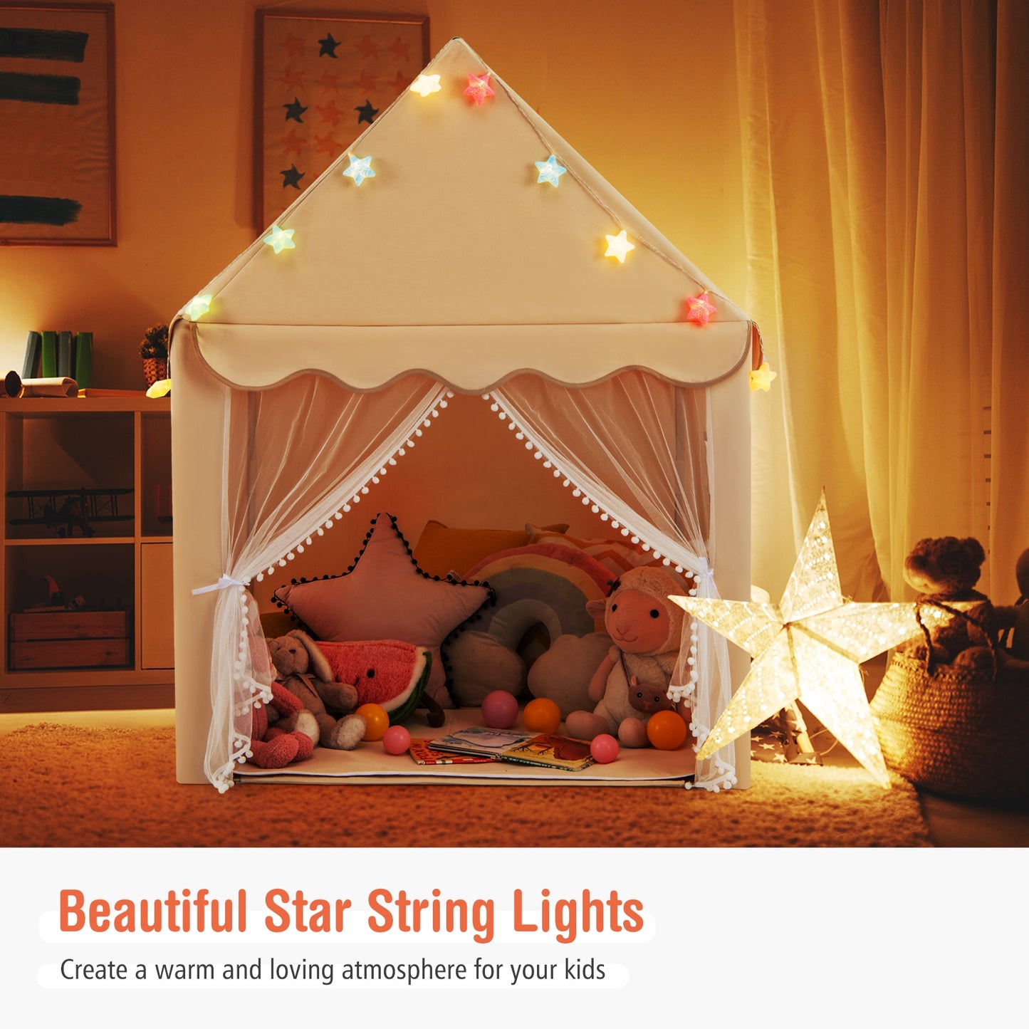Kids Playhouse Tent With Star Lights, Mat, Beige