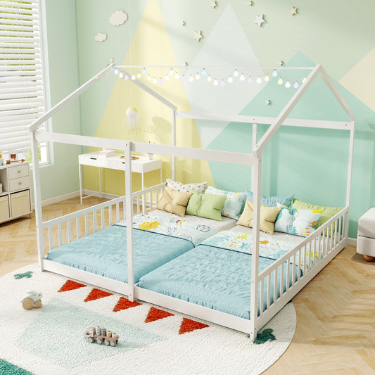 Double Floor Bed For Twins, With Safety Guardrails, White Toddler Beds White at Gallery Canada