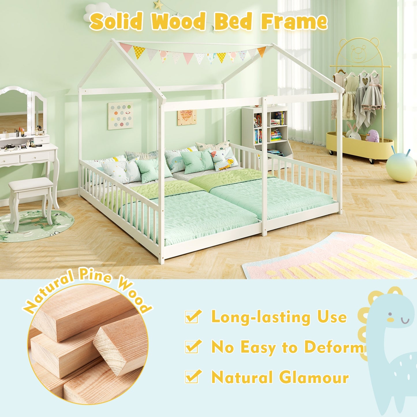 Double Floor Bed for Twins House Beds with Safety Guardrails for 2 Kids, White Toddler Beds at Gallery Canada