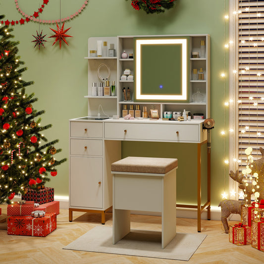 Makeup Dressing Table And Stool Set, 3 Lighting Modes, Cabinet, White Makeup Vanities White at Gallery Canada