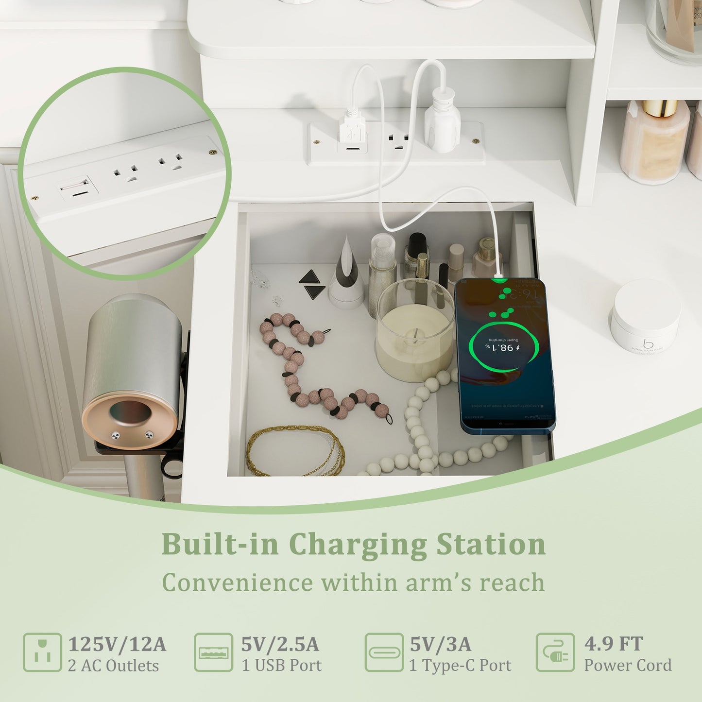 Makeup Dressing Table and Stool set with 3 Lighting Modes and Cabinet, White Makeup Vanities at Gallery Canada